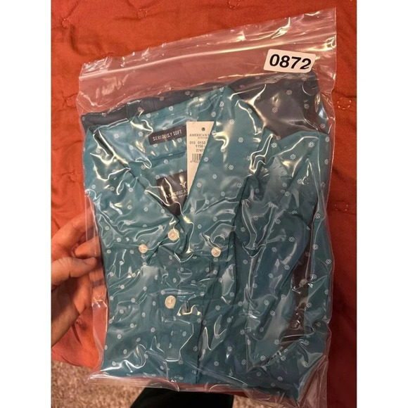 AMERICAN EAGLE Seriously Soft Oxford Collar Button Shirt T L Teal Navy Ombr#0872 - Picture 8 of 8